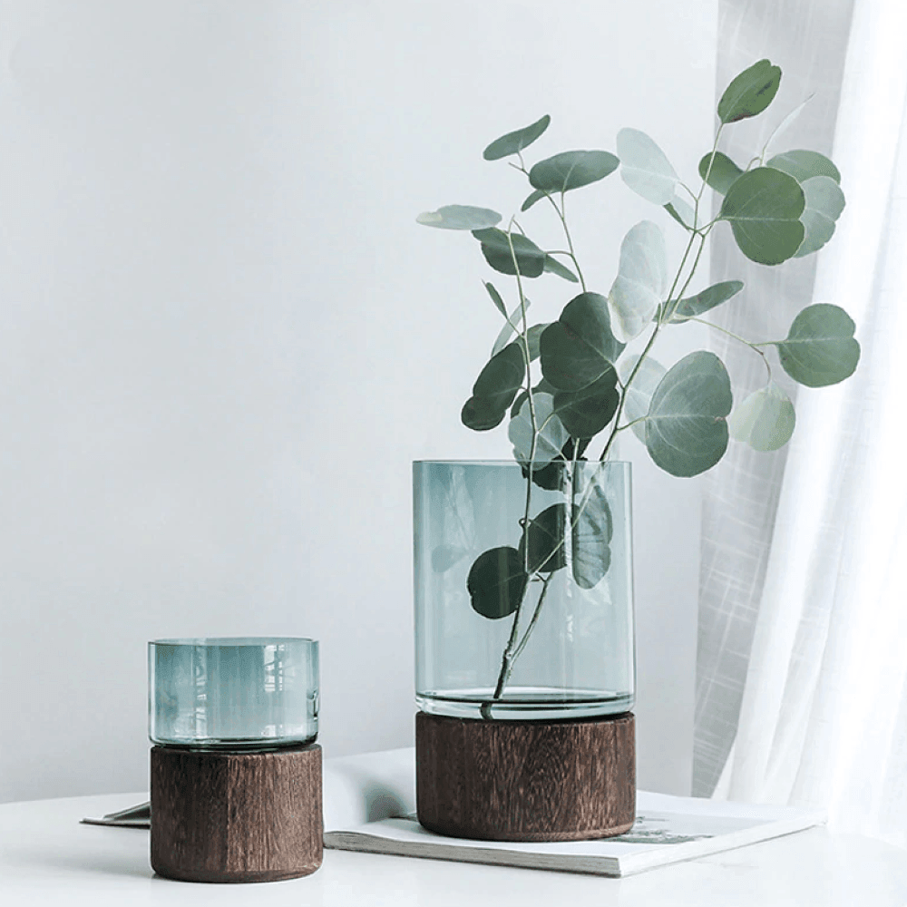 Serenity Wood Base Glass Vases