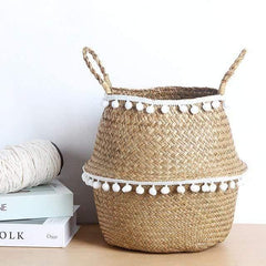 Boho Seagrass Wicker Basket White Double Tassel B / L (32X28 CM / 13X11 INCH) | Sage & Sill