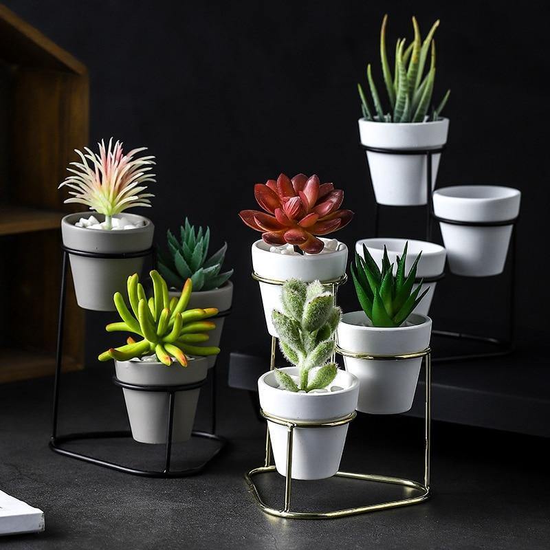 Tiered Ceramic Planters with Metal Stand