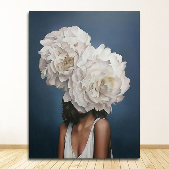 Flowers Feathers Woman Abstract Canvas Poster