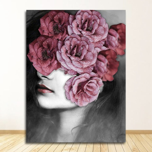 Flowers Feathers Woman Abstract Canvas Poster