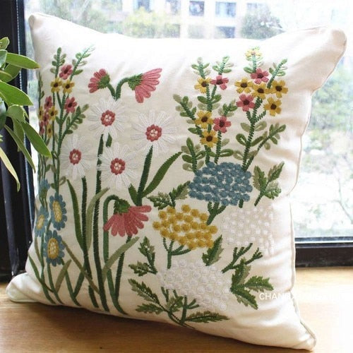 Embroidered European Pastoral Floral Cushion Cover